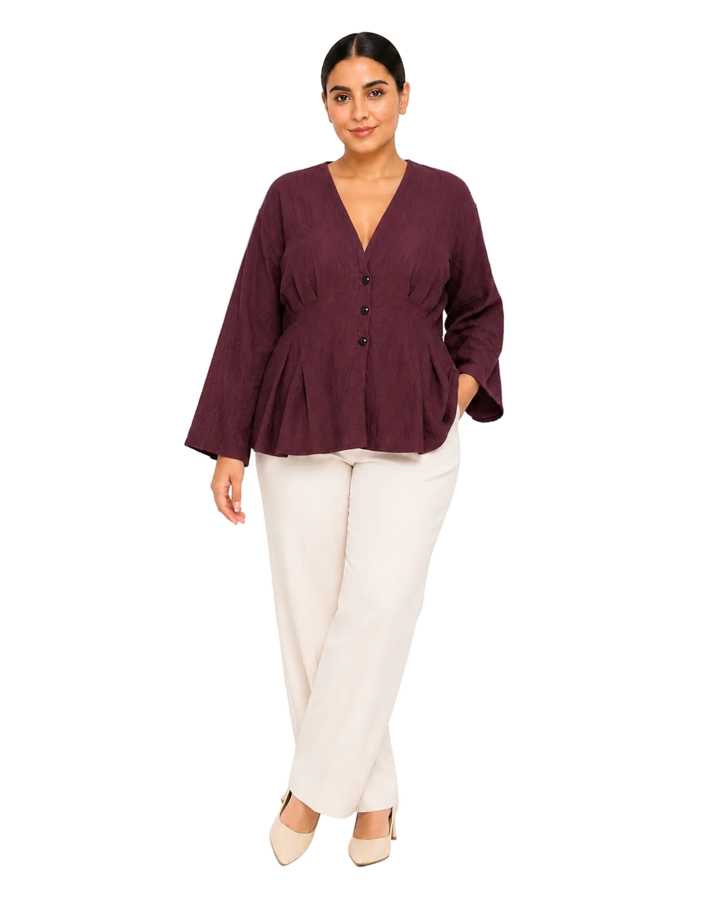 3-Button Peplum Blouse - Burgundy Plum