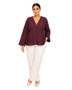 3-Button Peplum Blouse - Burgundy Plum