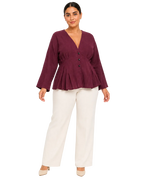 3-Button Peplum Blouse - Burgundy Plum