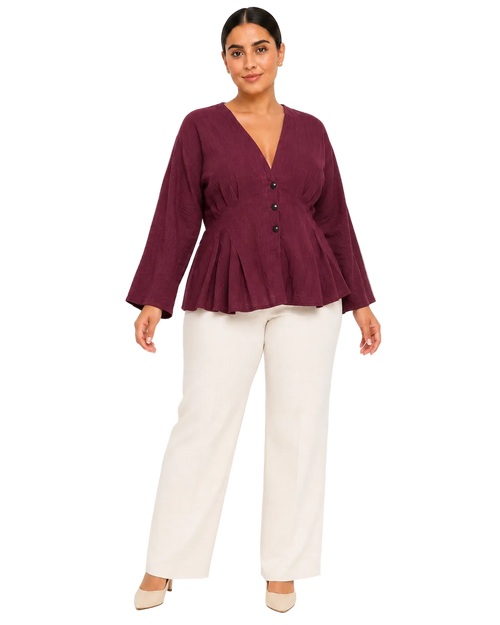 3-Button Peplum Blouse - Burgundy Plum