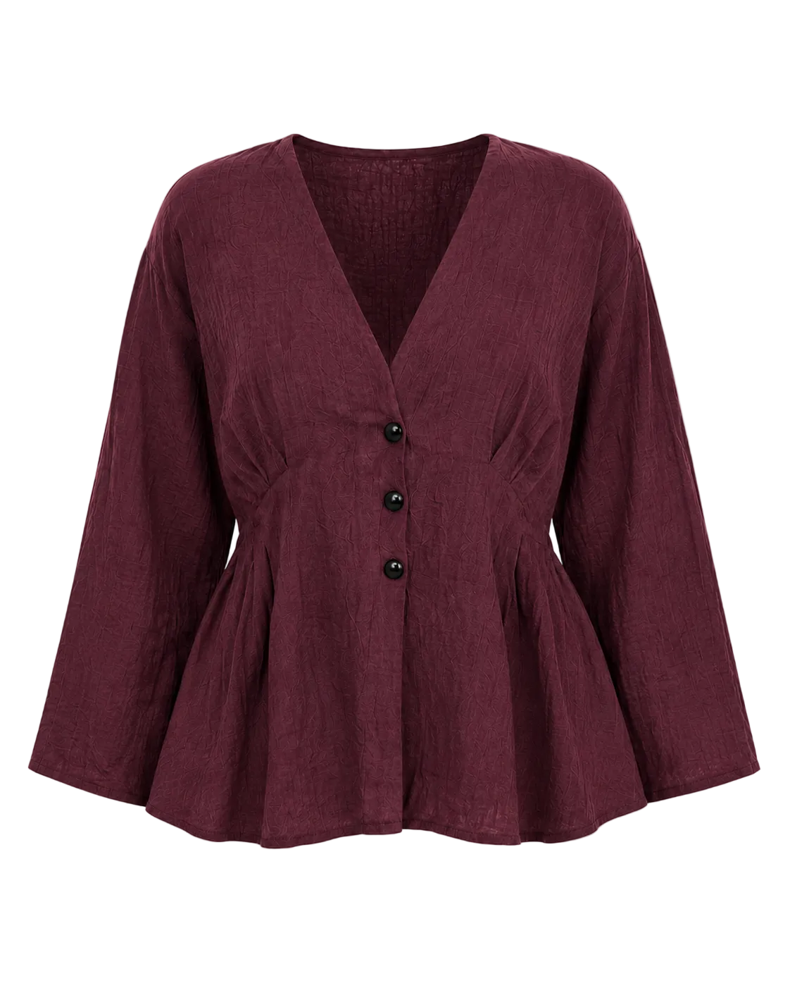 3-Button Peplum Blouse - Burgundy Plum